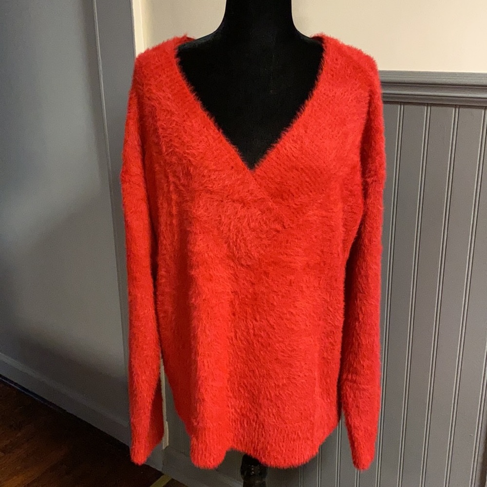 A New Day Red Fuzzy V-Neck Pullover Sweater